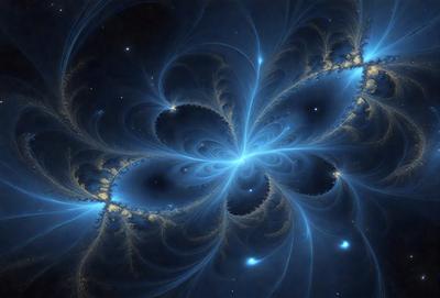 The primary subject of the image is a blue and white spiral pattern, which appears to be a digital art or illustration. The setting is a dark, starry background, creating a sense of depth and mystery. The visual style is a combination of digital art and illustration, with the spiral pattern being the main focus of the image. The colors and mood of the image are predominantly blue and white, giving it a serene and celestial atmosphere.