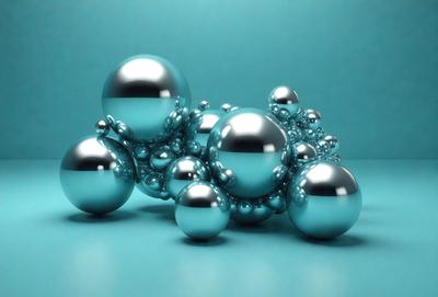 The primary subject of the image is a collection of silver spheres, which are arranged in a visually appealing manner. The setting is a blue background, which adds a sense of depth and contrast to the scene. The visual style of the image is a combination of photo and digital art, creating a unique and intriguing composition. The colors and mood of the image are predominantly silver and blue, giving it a calm and serene atmosphere.