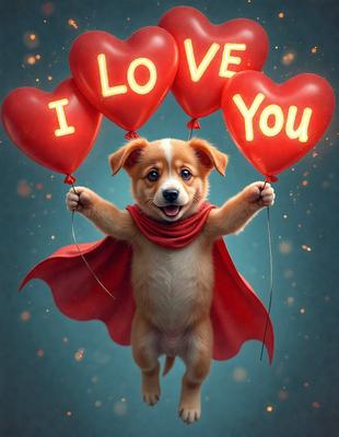 The image features a cute dog with a red cape, holding two red hearts in its mouth. The dog is positioned in the center of the scene, and the hearts are placed above and below it. The background is a blue sky, and the overall atmosphere is cheerful and playful. The visual style appears to be a combination of photo and digital art, creating a whimsical and adorable scene.