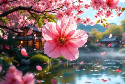 The primary subject of the image is a pink flower, which is the main focus of the scene. The flower is located in a garden setting, surrounded by a beautiful environment. The visual style of the image is a photo, capturing the natural beauty of the flower in its surroundings. The dominant colors in the image are pink and white, creating a serene and peaceful atmosphere.