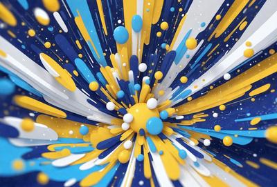 The primary subject of the image is a colorful, abstract artwork featuring a mix of yellow, blue, and white colors. The setting is a blue and yellow background, which adds to the vibrant atmosphere of the artwork. The visual style is a combination of digital art and illustration, creating a unique and eye-catching design. The colors and mood of the image are lively and energetic, with the blue and yellow hues evoking a sense of excitement and creativity.
