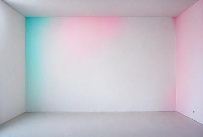 The primary subject of the image is a white wall with a pink and blue gradient. The setting is a room with a white background. The visual style is a digital art or illustration, as the gradient is created using colors. The dominant colors are white, pink, and blue, giving the image a clean and vibrant atmosphere.
