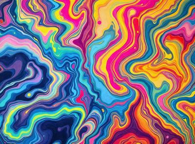 The primary subject of the image is a colorful, abstract painting featuring a mix of blue, yellow, pink, and orange hues. The painting is displayed on a wall, creating a vibrant and lively atmosphere. The visual style of the painting is a combination of digital art and illustration, giving it a unique and artistic appearance. The colors and mood of the painting evoke a sense of energy and creativity, making it an eye-catching and inspiring piece of art.