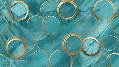 The primary subject of the image is a pattern of gold rings on a blue background. The setting is a marble surface, and the visual style appears to be a combination of photo and digital art. The dominant colors are blue and gold, creating a sense of elegance and sophistication.