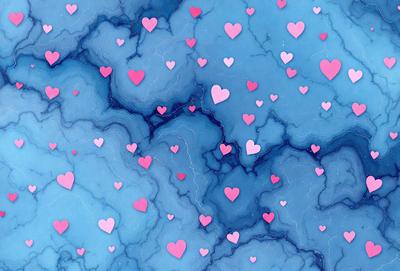 The primary subject of the image is a blue background with a pattern of hearts. The hearts are scattered throughout the background, creating a visually appealing and heartwarming scene. The setting appears to be a blue sky, which adds to the overall atmosphere of the image. The visual style of the image is a combination of digital art and illustration, as the hearts are carefully placed and arranged to create a cohesive and aesthetically pleasing design. The colors and mood of the image are predominantly blue, with