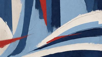 The primary subject of the image is a painting or drawing featuring a blue background with red and white stripes. The setting appears to be a canvas or a piece of paper, and the visual style suggests that it is a digital art or illustration. The dominant colors in the image are blue, red, and white, creating a vibrant and lively atmosphere.