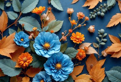 The primary subject of the image is a bouquet of blue flowers, which are the main focus of the scene. The flowers are arranged in a vase, and they are placed on a blue surface, which could be a table or a wall. The visual style of the image is a close-up of the flowers, showcasing their beauty and details. The dominant colors in the image are blue and orange, creating a harmonious and vibrant atmosphere.
