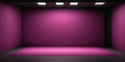 The primary subject of the image is a large, empty room with a purple wall. The setting is a dark room with a purple wall, and the visual style is a black and white photo. The colors and mood of the image are predominantly dark and moody, with the purple wall serving as a striking contrast against the black background.