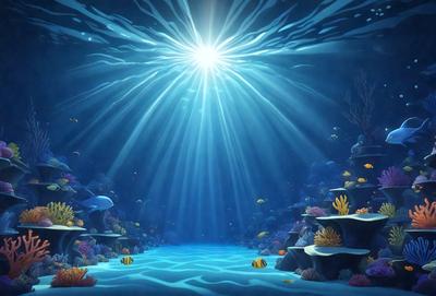 The primary subject of the image is a vibrant underwater scene featuring a variety of colorful fish and coral. The setting is a vast ocean with a sun shining through the water, creating a bright and lively atmosphere. The visual style is a combination of digital art and illustration, with the fish and coral appearing as detailed and realistic elements. The colors and mood of the image are predominantly blue and green, with the sunlight adding a warm and inviting touch to the scene.