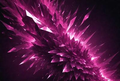 The primary subject of the image is a large, pink, purple, and white crystal-like structure. The setting is a dark background, which contrasts with the vibrant colors of the crystal. The visual style appears to be a digital art or illustration, as the crystal is depicted in a detailed and intricate manner. The dominant colors in the image are pink, purple, and white, creating a sense of elegance and beauty.