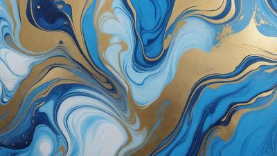 The primary subject of the image is a painting featuring a blue and gold color scheme. The painting is displayed on a gold background, creating a striking contrast between the colors. The visual style of the painting appears to be a mix of digital art and traditional painting techniques. The dominant colors in the painting are blue and gold, giving it a rich and luxurious appearance.