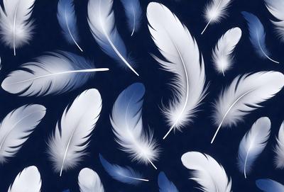 The primary subject of the image is a pattern of white feathers. The setting is a blue background, which creates a contrasting and visually appealing effect. The visual style is a combination of photo and digital art, as the feathers are arranged in a way that resembles a painting or a digital illustration. The colors are predominantly white and blue, giving the image a clean and serene atmosphere.