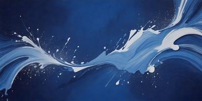 The primary subject of the image is a painting of a wave, featuring a blue background. The visual style of the painting is digital art, and the colors and mood convey a sense of calmness and tranquility.