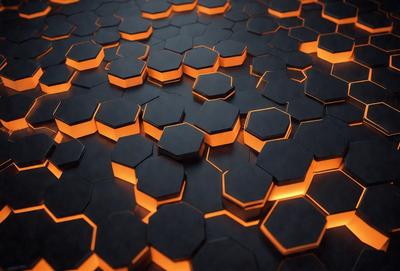 The primary subject of the image is a close-up of a black and orange patterned surface, which appears to be a tile or a piece of artwork. The setting is a dark room, and the visual style is a combination of a photo and digital art. The dominant colors are black and orange, creating a striking and visually appealing contrast. The overall atmosphere of the image is intriguing and captivating.
