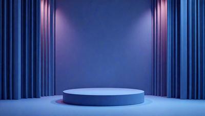 The primary subject of the image is a large, round, blue object, possibly a table or a sculpture, placed in a room with a blue wall. The setting appears to be a room with a blue wall, and the visual style is a photo. The colors and mood of the image are predominantly blue, creating a calm and serene atmosphere.