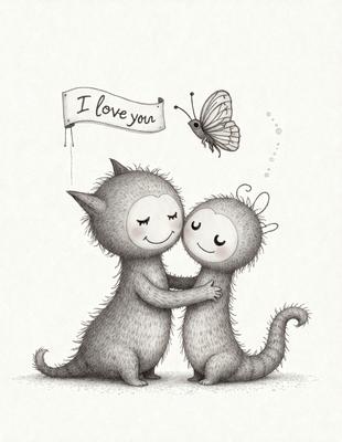 The image features two cute cartoon animals, possibly cats, hugging each other. They are positioned close to each other, with one animal on the left and the other on the right. The scene is set in a white background, which provides a clean and simple appearance. The visual style of the image is a combination of digital art and illustration, creating a charming and heartwarming scene. The colors used in the image are predominantly shades of white and gray, which contribute to the overall mood