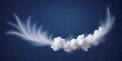 The primary subject of the image is a white bird flying through the sky. The bird is the main focus of the image, and it appears to be flying through a cloudy blue sky. The setting is outdoors, with the bird soaring above the clouds. The visual style of the image is a photo, capturing the bird in its natural environment. The colors in the image are predominantly blue and white, creating a calm and serene atmosphere.