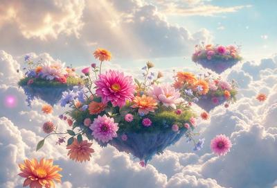 Primary subject: A floating island with a garden of flowers.

Setting/background: The island is floating in a cloudy sky, surrounded by a variety of flowers.

Visual style: The image is a digital artwork, featuring a vibrant and colorful scene.

Colors and mood: The colors are predominantly pink, yellow, and blue, creating a cheerful and lively atmosphere.