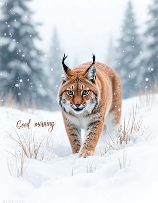 The primary subject of the image is a lion walking through the snow. The lion is the main focus of the image, and it appears to be walking through a snowy field. The setting is a winter landscape, with snow covering the ground and trees in the background. The visual style of the image is a painting, which adds a sense of artistic expression to the scene. The colors and mood of the image are predominantly white and cold, reflecting the wintry atmosphere.