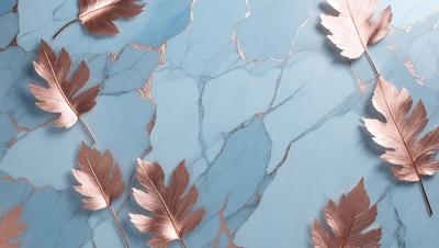 The primary subject of the image is a close-up of a marble surface with a pattern of leaves. The setting is a blue background, and the visual style appears to be a photo. The colors in the image are predominantly blue and gold, creating a sense of elegance and sophistication.