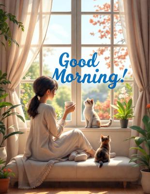 The primary subject of the image is a woman sitting on a bench, holding a cup of coffee. She is accompanied by two cats, one of which is sitting on her lap, and the other is sitting beside her. The setting is a cozy indoor space with a window, and the visual style is a combination of photo and digital art. The colors and mood of the image are warm and inviting, with the woman and cats creating a sense of comfort and relaxation.