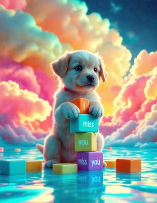 The image features a small puppy sitting on top of a stack of colorful blocks. The puppy appears to be looking at the camera, and the scene is set against a backdrop of a cloudy sky. The visual style of the image is a combination of photo and digital art, creating a vibrant and playful atmosphere. The dominant colors in the image are shades of blue, pink, and yellow, which contribute to the overall mood of the scene.