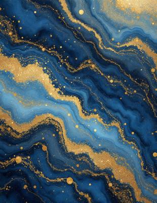 The primary subject of the image is a blue and gold swirling pattern, which appears to be a painting or a digital artwork. The setting is a blue and gold background, which complements the swirling pattern. The visual style is a combination of painting and digital art, creating a unique and eye-catching design. The colors and mood of the image are predominantly blue and gold, giving it a warm and inviting atmosphere.