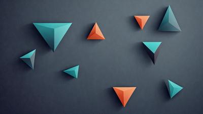 The primary subject of the image is a collection of triangular shapes, which are displayed on a dark blue background. The shapes are made of paper and are arranged in various orientations, creating a visually interesting pattern. The visual style of the image is a combination of digital art and illustration, as the shapes are carefully crafted and placed on the background. The colors and mood of the image are predominantly dark and moody, with the blue background providing a sense of depth and contrast to the shapes.