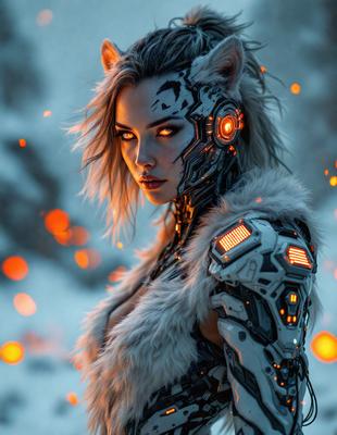 The primary subject of the image is a woman with a futuristic appearance, wearing a white and grey outfit. She has a unique look, featuring a mix of human and robotic elements. The setting is a dark, possibly futuristic environment, with a backdrop of a bright, glowing sky. The visual style of the image is a combination of photo and digital art, creating a striking and intriguing scene. The colors and mood of the image are predominantly dark and mysterious, with the g