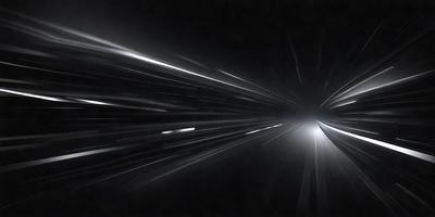 The primary subject of the image is a blurry, fast-moving object, possibly a spaceship or a vehicle, traveling through a dark, black background. The setting appears to be a space or a tunnel, as the object is moving quickly through the environment. The visual style of the image is a black and white photo, which adds a sense of drama and intensity to the scene. The colors and mood of the image are predominantly dark and moody, with the fast-moving object creating a sense of motion
