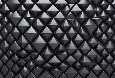 The primary subject of the image is a black and white patterned wall. The setting is a dark room with a black background. The visual style is a close-up of the wall, showcasing the intricate pattern. The dominant colors are black and white, creating a moody atmosphere.