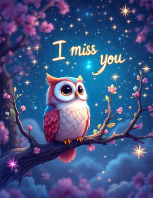 The primary subject of the image is a cute, colorful owl sitting on a branch. The owl is surrounded by a beautiful, starry night sky, which adds to the overall atmosphere of the scene. The visual style of the image is a combination of digital art and illustration, creating a whimsical and imaginative scene. The colors used in the image are predominantly pink and purple, giving the scene a warm and inviting feel.