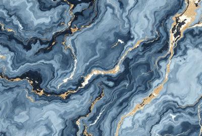 The primary subject of the image is a blue and gold marble tile. The setting is a blue and gold marble tile wall, which serves as the background. The visual style is a close-up of the marble tile, showcasing its intricate design and colors. The dominant colors are blue and gold, creating a luxurious and elegant atmosphere.