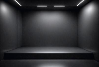 The primary subject of the image is a large, empty room with a black wall. The setting is a dark room, and the visual style is a black and white photo. The room appears to be a large, empty space with no furniture or decorations, giving it a stark and minimalist appearance.