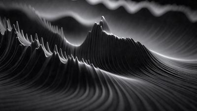 The primary subject of the image is a mountainous terrain, with a black and white color scheme. The setting is a dark background, which adds to the dramatic effect of the mountain range. The visual style is a combination of a photo and a digital art, creating a unique and striking representation of the mountain landscape. The overall atmosphere is one of depth and intensity, with the mountain range serving as the focal point of the image.