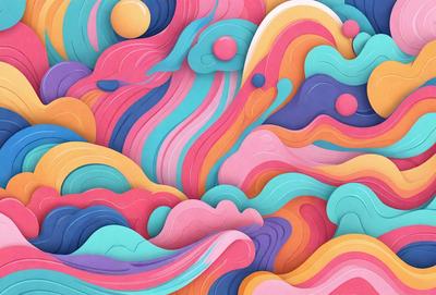 The primary subject of the image is a colorful, abstract artwork featuring a mix of pink, blue, orange, and purple colors. The setting is a wall, and the visual style appears to be a combination of digital art and illustration. The artwork creates a vibrant and lively atmosphere, with the various colors and patterns creating a dynamic and engaging scene.