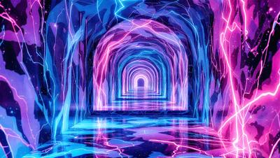 The primary subject of the image is a long, narrow, and brightly lit tunnel. The tunnel is illuminated by a series of colorful lights, creating a vibrant and visually striking scene. The setting is a futuristic, underground environment, with the tunnel appearing to be made of glass. The visual style of the image is a combination of digital art and illustration, with the tunnel's design and the lights' colors creating a unique and captivating atmosphere. The dominant colors in the image are purple