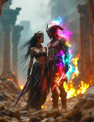 The primary subject of the image is a man and a woman standing together. The man is wearing a suit and holding a sword, while the woman is wearing a dress. They are standing in front of a backdrop of a fire, which adds a dramatic and intense atmosphere to the scene. The visual style of the image is digital art, as it appears to be a digital illustration or drawing. The colors in the image are predominantly red, orange, and yellow, which are associated with fire and heat.