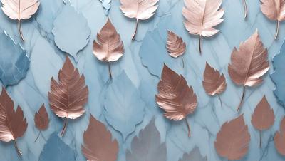 The primary subject of the image is a collection of leaves, which are arranged in various patterns and designs on a blue marble wall. The leaves are made of metal, giving them a shiny and reflective appearance. The setting is a marble wall, which serves as the backdrop for the leaves. The visual style of the image is a combination of artistic patterns and realistic metal leaves, creating a unique and eye-catching display. The colors and mood of the image are predominantly blue, with the metal leaves adding