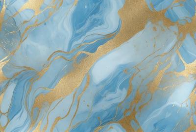 The primary subject of the image is a blue and gold marbled wallpaper. The setting is a room with a blue and gold marbled wallpapered wall. The visual style is a close-up of the wallpaper, showcasing its intricate design. The colors and mood of the image are predominantly blue and gold, creating a luxurious and elegant atmosphere.