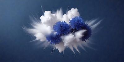 The primary subject of the image is a bouquet of blue flowers, which are the main focus of the scene. The flowers are placed on a cloudy background, creating a visually appealing contrast between the vibrant blue flowers and the soft, cloudy sky. The overall atmosphere of the image is serene and calming, with the blue flowers serving as a beautiful centerpiece.
