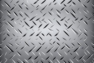 The primary subject of the image is a close-up of a metal surface, possibly a piece of armor or a metal wall. The setting is a gray background, which contrasts with the metal surface. The visual style appears to be a pattern or texture, possibly a digital art or illustration. The dominant colors are gray and silver, creating a sleek and modern atmosphere.