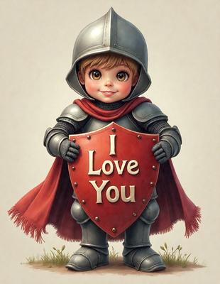 The primary subject of the image is a little girl dressed in a knight's costume, holding a shield with the words "I Love You" written on it. She is wearing a red cape and a helmet, adding to the charm of the scene. The setting appears to be a whimsical, imaginative environment, possibly a fantasy world or a playful scene. The visual style of the image is a combination of digital art and illustration, creating a vibrant and engaging scene. The colors