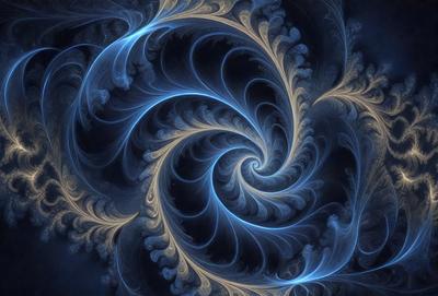 The primary subject of the image is a blue spiral pattern, which appears to be a digital art or illustration. The setting is a dark background, which contrasts with the blue spiral. The visual style is a combination of digital art and illustration, creating a unique and intricate design. The colors and mood of the image are predominantly blue, giving it a calm and serene atmosphere.