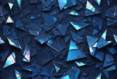 The primary subject of the image is a blue background with a pattern of broken glass or shattered mirrors. The setting is a dark blue background, and the visual style appears to be a digital art or illustration. The colors and mood of the image are predominantly dark and moody, with the blue color creating a sense of depth and mystery.