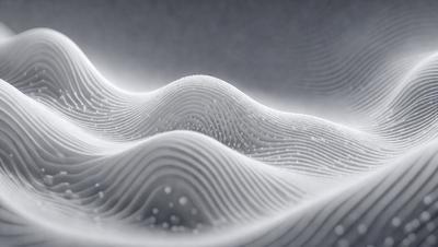 The primary subject of the image is a white, wavy surface that resembles a wave or a mountain. The setting is a gray background, which contrasts with the white surface. The visual style is a combination of digital art and illustration, creating a unique and intriguing pattern. The colors and mood of the image are predominantly white, giving it a clean and minimalist appearance.
