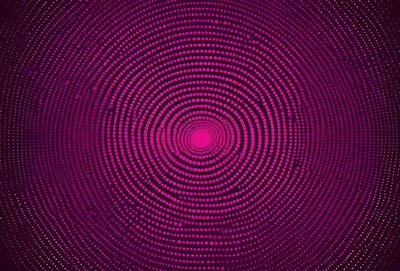 The primary subject of the image is a purple circle with a pink center. The circle is surrounded by a pattern of pink dots, creating a visually striking and unique design. The setting appears to be a dark background, which contrasts with the bright colors of the circle and dots. The visual style of the image is a combination of digital art and illustration, giving it a modern and artistic appearance. The colors and mood of the image are predominantly purple and pink, evoking a sense of
