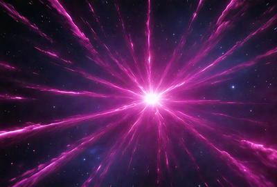 The primary subject of the image is a bright pink light, which appears to be a star or a nebula. The setting is a dark, starry sky, with the pink light standing out against the background. The visual style is a combination of a photo and digital art, creating a unique and captivating image. The colors and mood of the image are predominantly pink, giving it a warm and vibrant atmosphere.