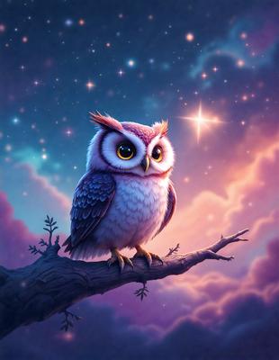 The primary subject of the image is a cute, colorful owl sitting on a branch. The owl is the focal point of the scene, and it appears to be looking at the camera. The setting is a nighttime sky, with the owl perched on a branch in front of a purple cloudy sky. The visual style of the image is a digital art or illustration, with the owl being the main subject and the background featuring a purple cloudy sky. The colors and mood of the image