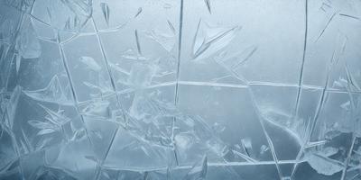The primary subject of the image is a close-up of a frozen window with a clear, glass-like appearance. The setting is a cold, winter environment, and the visual style is a combination of a photo and digital art. The colors are predominantly blue and white, creating a chilly and icy atmosphere.